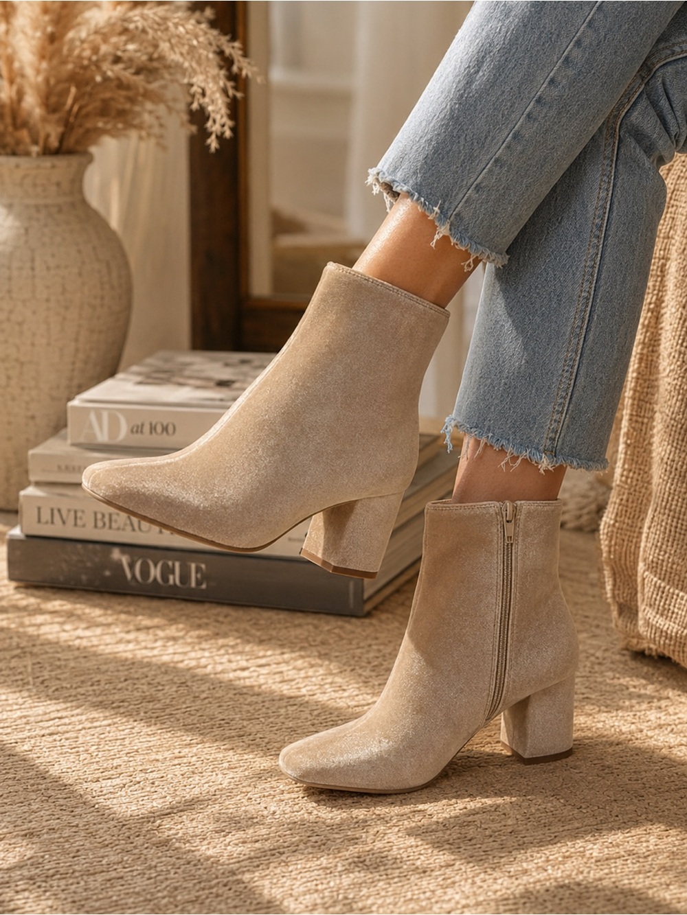 Journee CollectionVelvet Nude Beige Block Heel Ankle Booties Square Toe NWOT 8.5